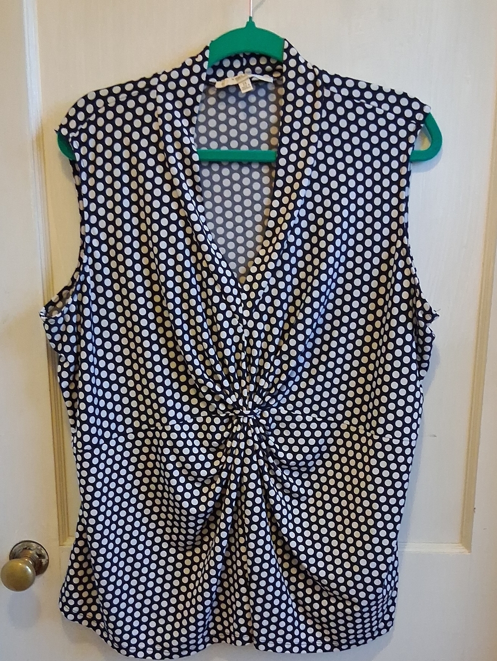 Jones Studio Navy and White Polka Dot Twist-Front Sleeveless Blouse